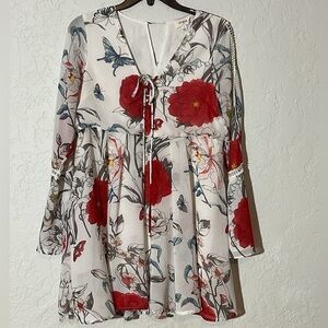 Umgee Floral and Butterfly Babydoll Dress Flare Sleeves Tunic Top Lace Up Front